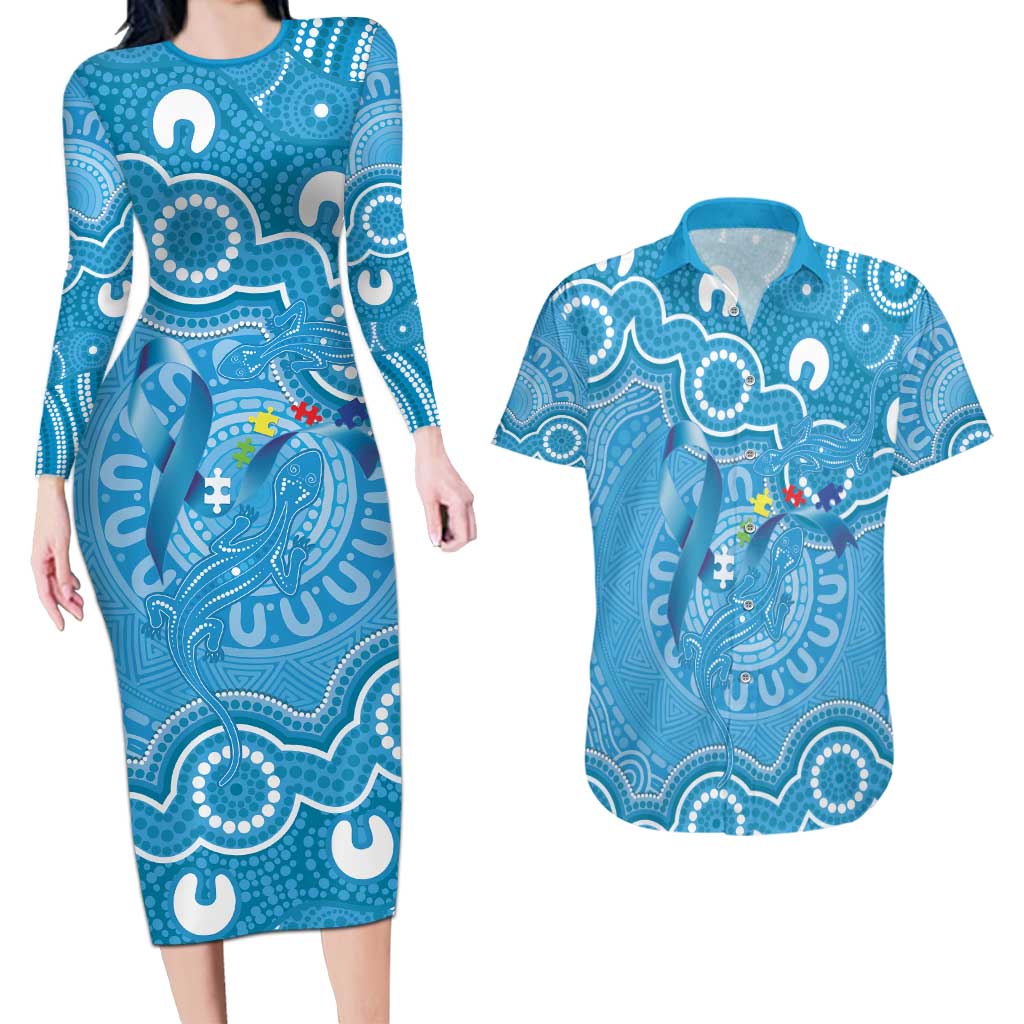 Australia Indigenous Couples Matching Long Sleeve Bodycon Dress and Hawaiian Shirt Blue Ribbon Lizards Autism Awareness - Aussie Hoodie