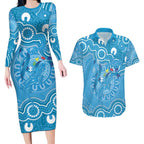 Australia Indigenous Couples Matching Long Sleeve Bodycon Dress and Hawaiian Shirt Blue Ribbon Lizards Autism Awareness - Aussie Hoodie