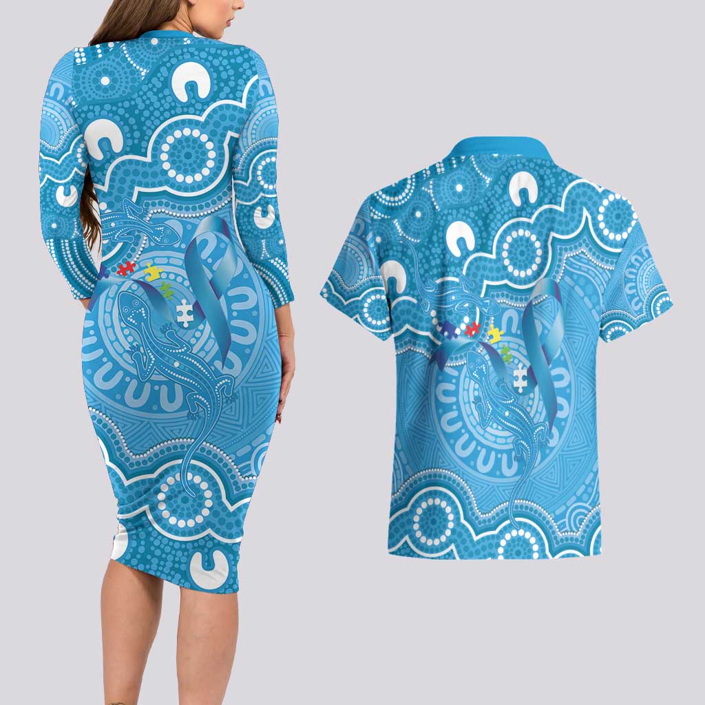 Australia Indigenous Couples Matching Long Sleeve Bodycon Dress and Hawaiian Shirt Blue Ribbon Lizards Autism Awareness - Aussie Hoodie