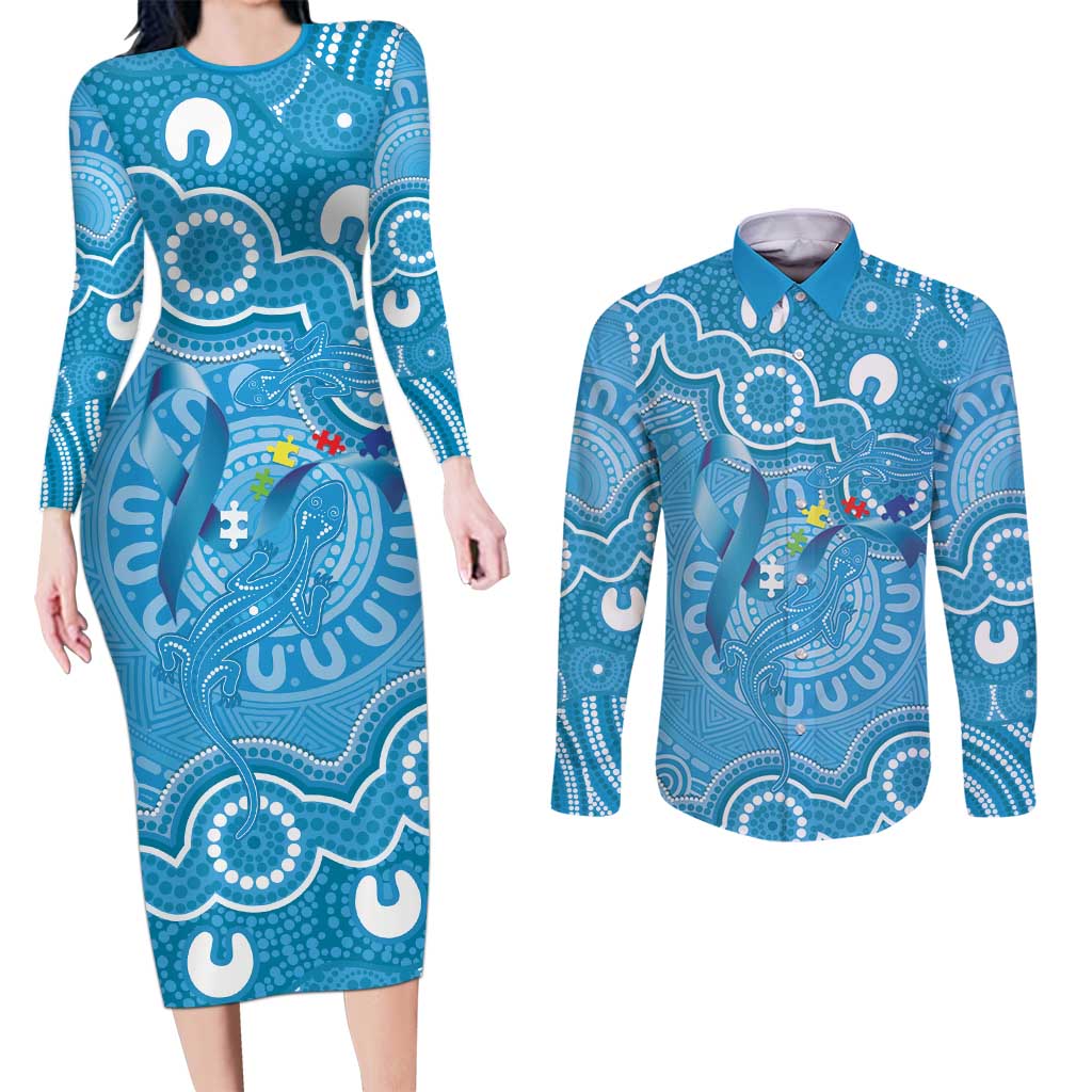 Australia Indigenous Couples Matching Long Sleeve Bodycon Dress and Long Sleeve Button Shirt Blue Ribbon Lizards Autism Awareness - Aussie Hoodie