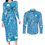 Australia Indigenous Couples Matching Long Sleeve Bodycon Dress and Long Sleeve Button Shirt Blue Ribbon Lizards Autism Awareness - Aussie Hoodie