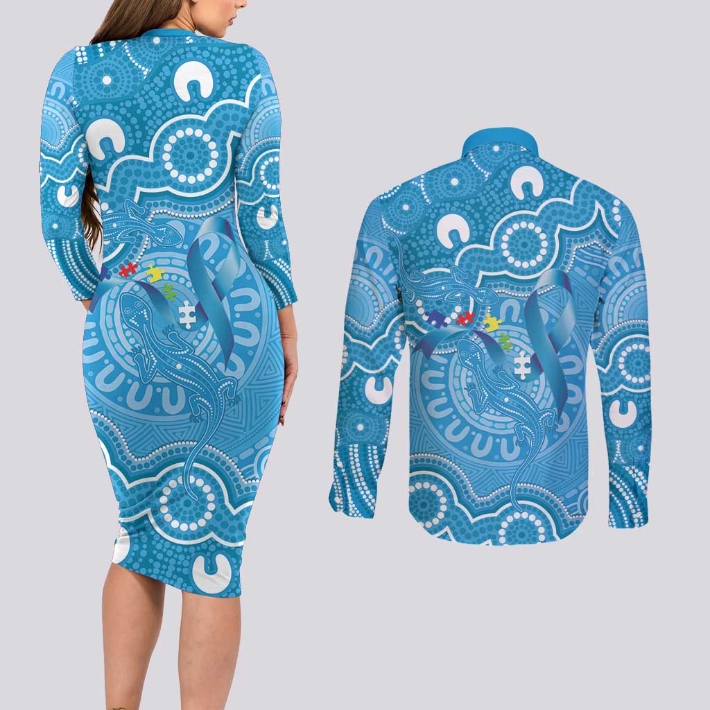 Australia Indigenous Couples Matching Long Sleeve Bodycon Dress and Long Sleeve Button Shirt Blue Ribbon Lizards Autism Awareness - Aussie Hoodie