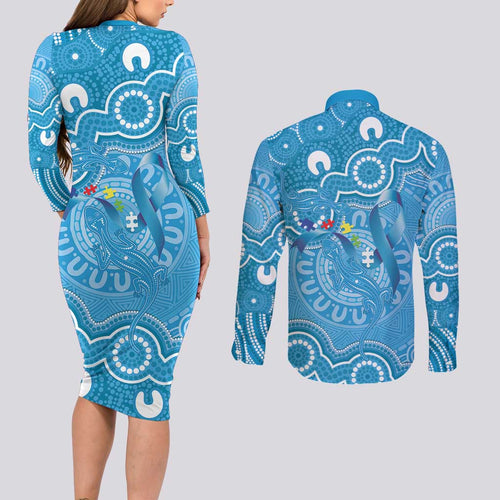 Australia Indigenous Couples Matching Long Sleeve Bodycon Dress and Long Sleeve Button Shirt Blue Ribbon Lizards Autism Awareness - Aussie Hoodie
