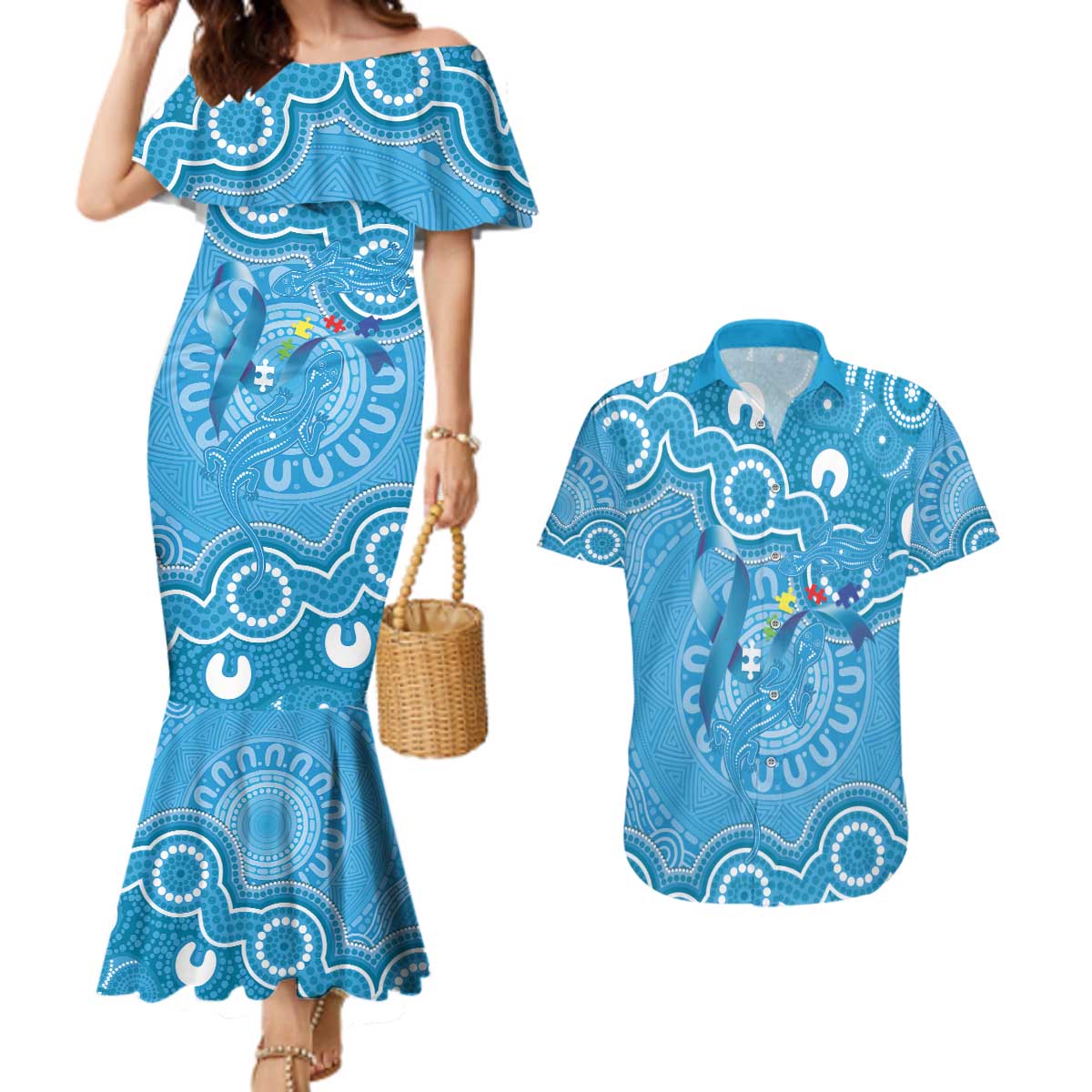 Australia Indigenous Couples Matching Mermaid Dress and Hawaiian Shirt Blue Ribbon Lizards Autism Awareness - Aussie Hoodie