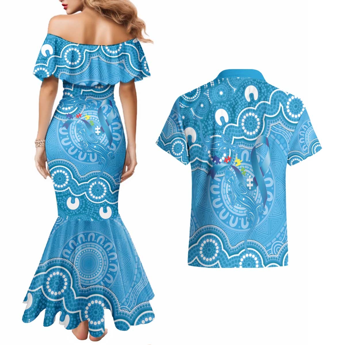 Australia Indigenous Couples Matching Mermaid Dress and Hawaiian Shirt Blue Ribbon Lizards Autism Awareness - Aussie Hoodie