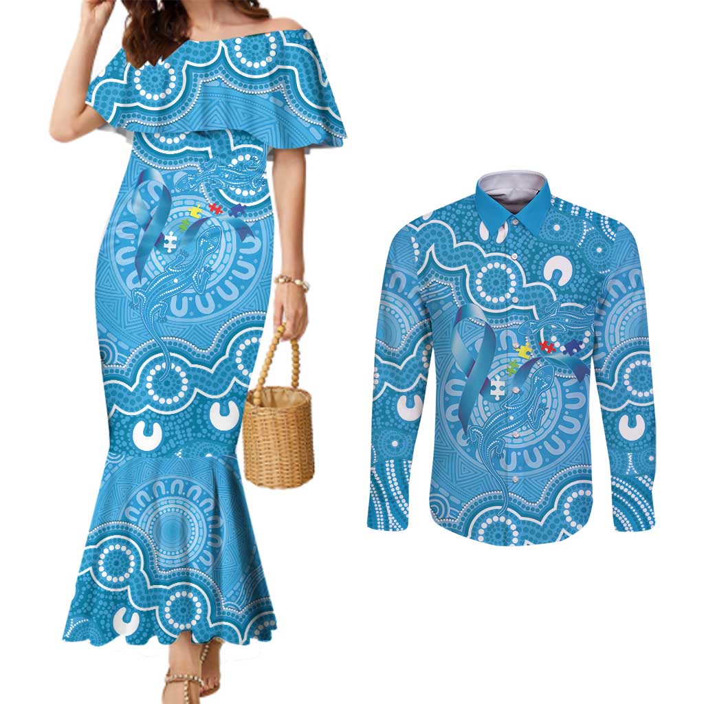 Australia Indigenous Couples Matching Mermaid Dress and Long Sleeve Button Shirt Blue Ribbon Lizards Autism Awareness - Aussie Hoodie