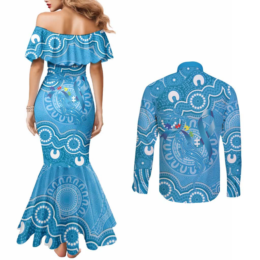 Australia Indigenous Couples Matching Mermaid Dress and Long Sleeve Button Shirt Blue Ribbon Lizards Autism Awareness - Aussie Hoodie