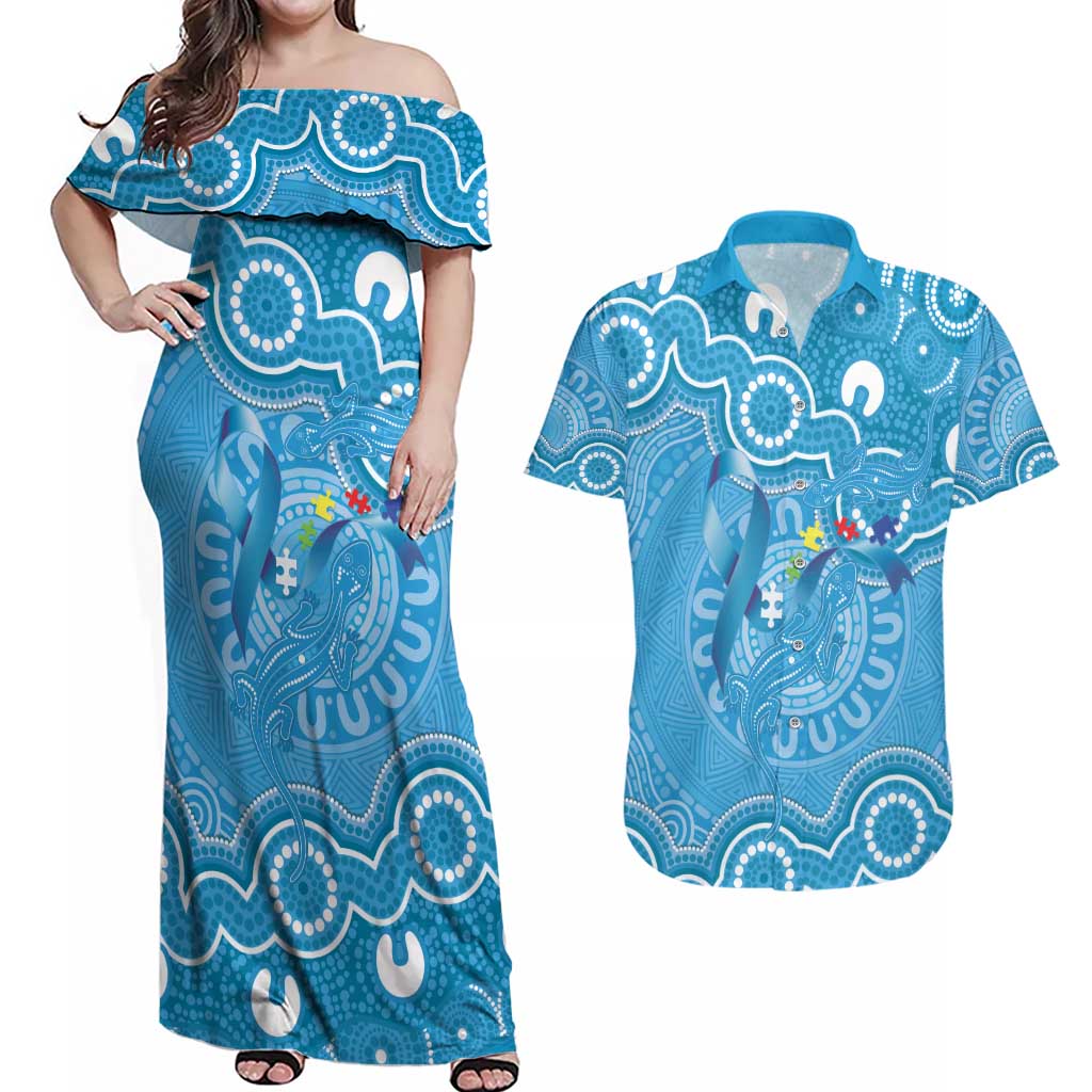 Australia Indigenous Couples Matching Off Shoulder Maxi Dress and Hawaiian Shirt Blue Ribbon Lizards Autism Awareness - Aussie Hoodie