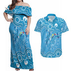 Australia Indigenous Couples Matching Off Shoulder Maxi Dress and Hawaiian Shirt Blue Ribbon Lizards Autism Awareness - Aussie Hoodie