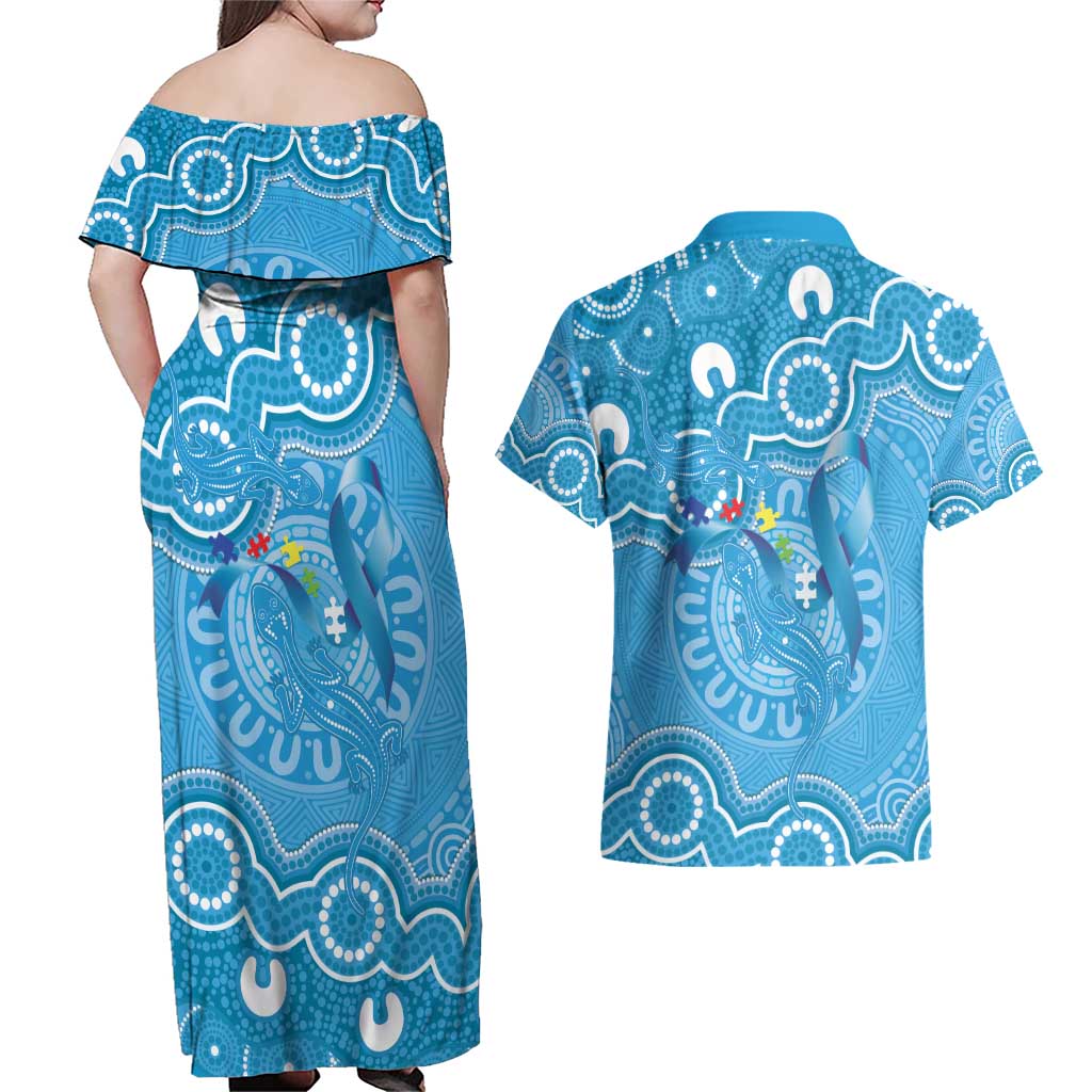 Australia Indigenous Couples Matching Off Shoulder Maxi Dress and Hawaiian Shirt Blue Ribbon Lizards Autism Awareness - Aussie Hoodie