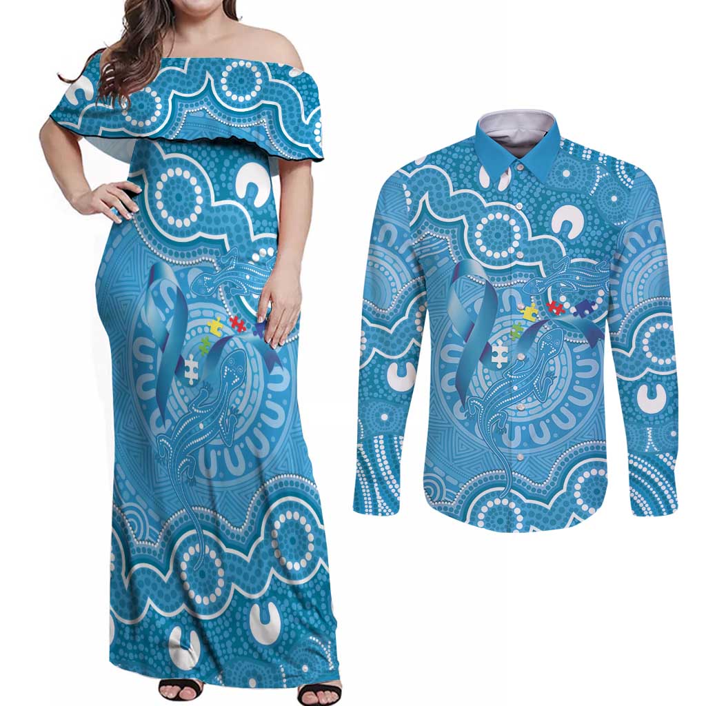 Australia Indigenous Couples Matching Off Shoulder Maxi Dress and Long Sleeve Button Shirt Blue Ribbon Lizards Autism Awareness - Aussie Hoodie