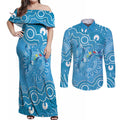 Australia Indigenous Couples Matching Off Shoulder Maxi Dress and Long Sleeve Button Shirt Blue Ribbon Lizards Autism Awareness - Aussie Hoodie