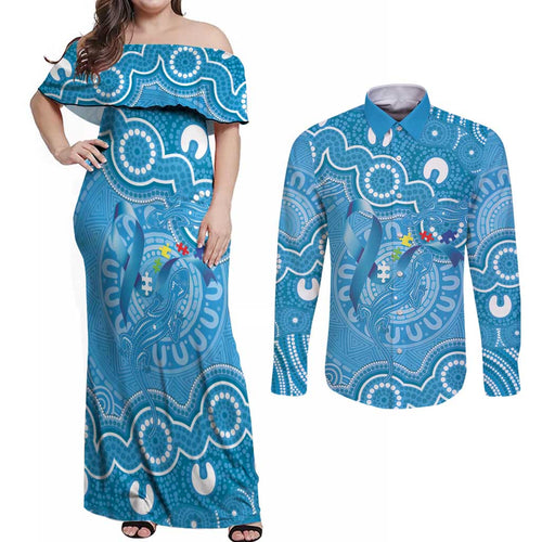 Australia Indigenous Couples Matching Off Shoulder Maxi Dress and Long Sleeve Button Shirt Blue Ribbon Lizards Autism Awareness - Aussie Hoodie