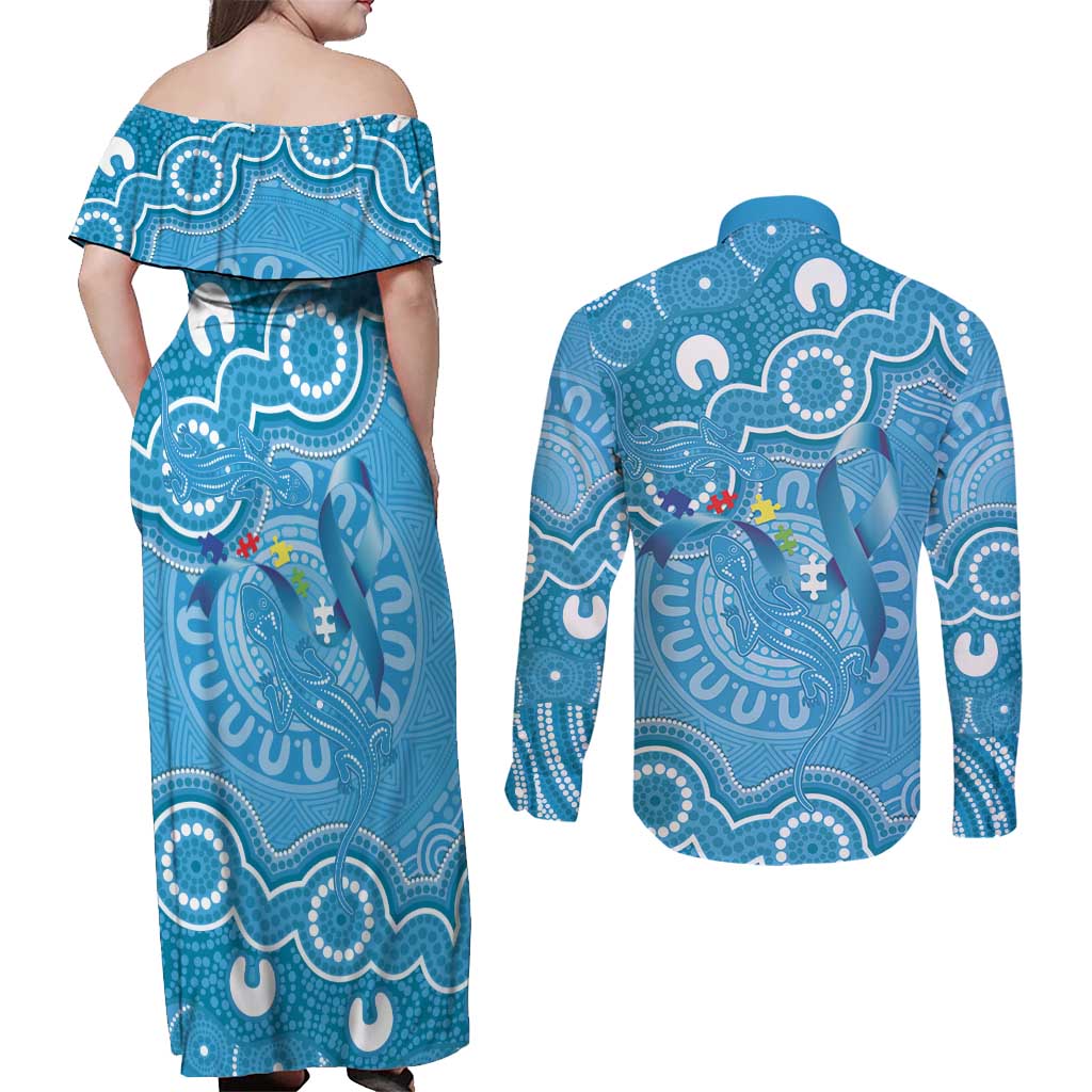 Australia Indigenous Couples Matching Off Shoulder Maxi Dress and Long Sleeve Button Shirt Blue Ribbon Lizards Autism Awareness - Aussie Hoodie