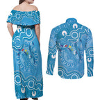 Australia Indigenous Couples Matching Off Shoulder Maxi Dress and Long Sleeve Button Shirt Blue Ribbon Lizards Autism Awareness - Aussie Hoodie