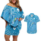 Australia Indigenous Couples Matching Off Shoulder Short Dress and Hawaiian Shirt Blue Ribbon Lizards Autism Awareness - Aussie Hoodie