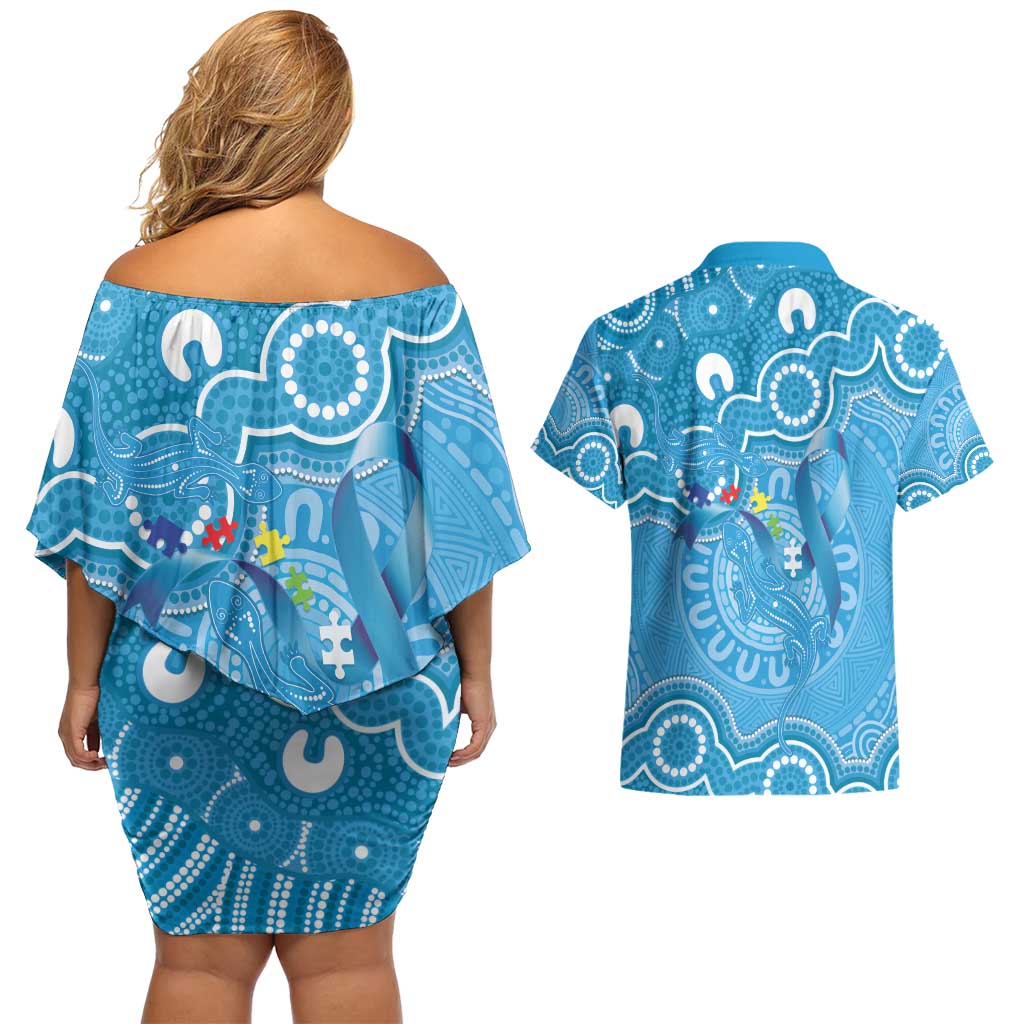 Australia Indigenous Couples Matching Off Shoulder Short Dress and Hawaiian Shirt Blue Ribbon Lizards Autism Awareness - Aussie Hoodie