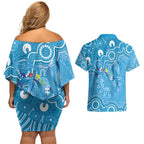 Australia Indigenous Couples Matching Off Shoulder Short Dress and Hawaiian Shirt Blue Ribbon Lizards Autism Awareness - Aussie Hoodie
