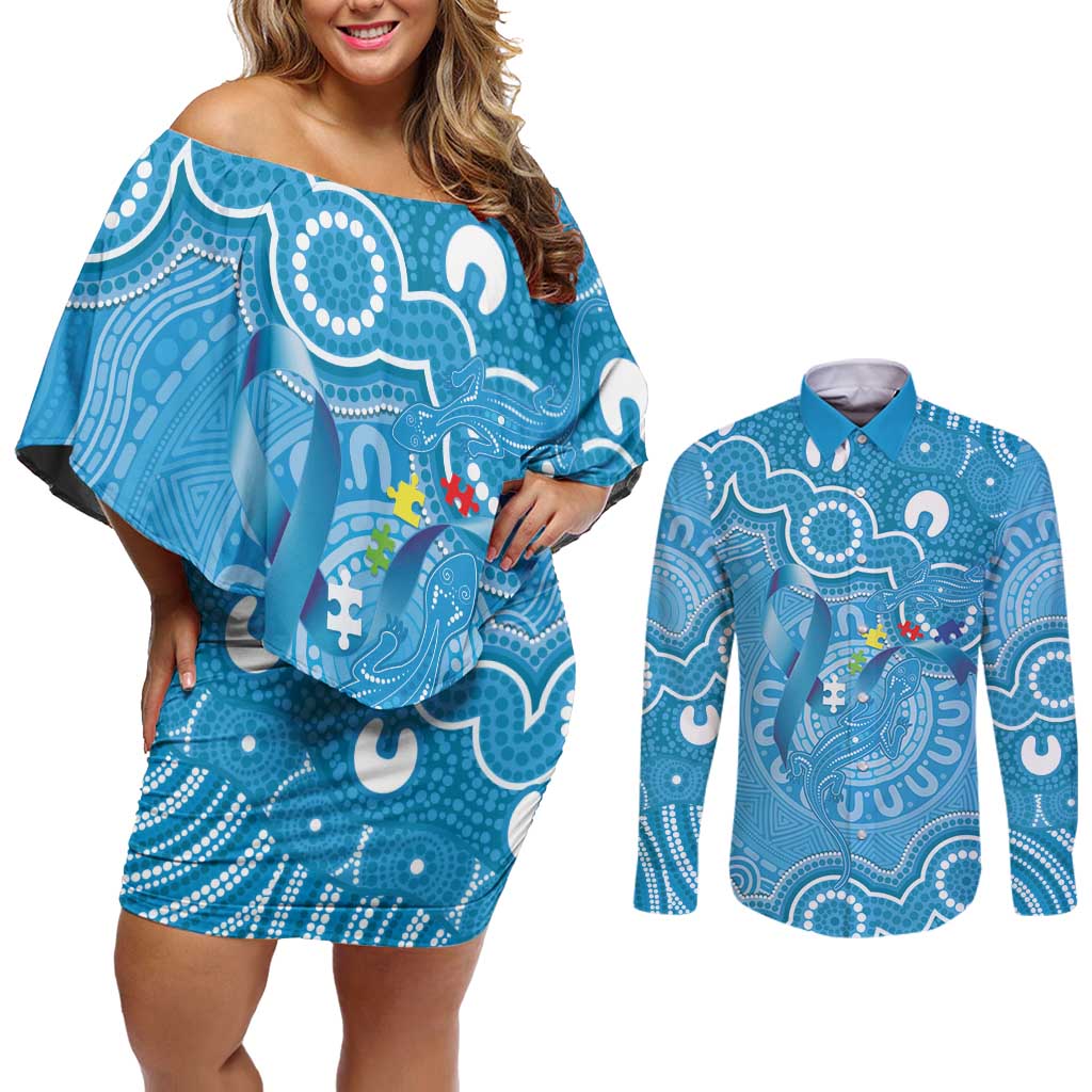 Australia Indigenous Couples Matching Off Shoulder Short Dress and Long Sleeve Button Shirt Blue Ribbon Lizards Autism Awareness - Aussie Hoodie