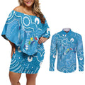 Australia Indigenous Couples Matching Off Shoulder Short Dress and Long Sleeve Button Shirt Blue Ribbon Lizards Autism Awareness - Aussie Hoodie