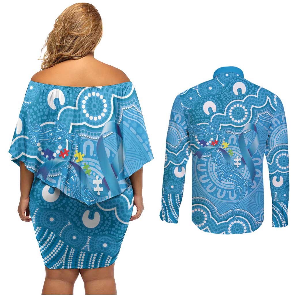 Australia Indigenous Couples Matching Off Shoulder Short Dress and Long Sleeve Button Shirt Blue Ribbon Lizards Autism Awareness - Aussie Hoodie