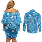 Australia Indigenous Couples Matching Off Shoulder Short Dress and Long Sleeve Button Shirt Blue Ribbon Lizards Autism Awareness - Aussie Hoodie