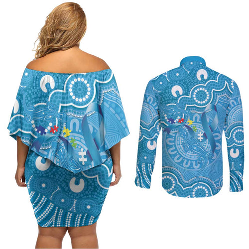 Australia Indigenous Couples Matching Off Shoulder Short Dress and Long Sleeve Button Shirt Blue Ribbon Lizards Autism Awareness - Aussie Hoodie