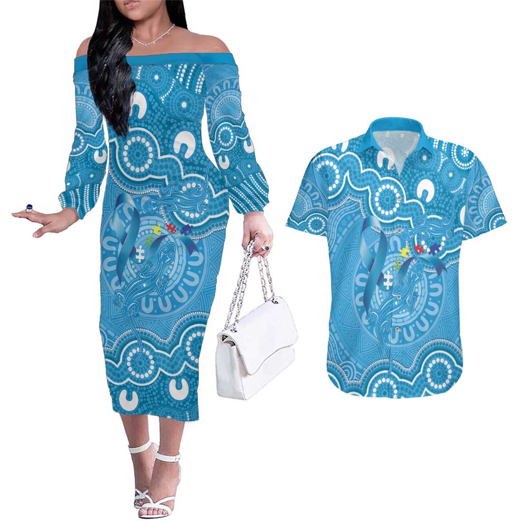 Australia Indigenous Couples Matching Off The Shoulder Long Sleeve Dress and Hawaiian Shirt Blue Ribbon Lizards Autism Awareness - Aussie Hoodie