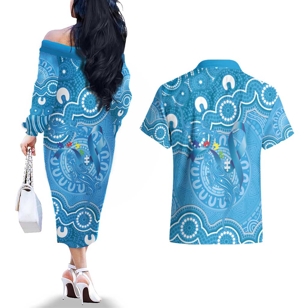 Australia Indigenous Couples Matching Off The Shoulder Long Sleeve Dress and Hawaiian Shirt Blue Ribbon Lizards Autism Awareness - Aussie Hoodie