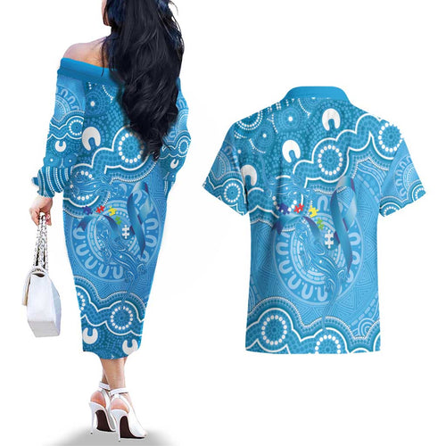 Australia Indigenous Couples Matching Off The Shoulder Long Sleeve Dress and Hawaiian Shirt Blue Ribbon Lizards Autism Awareness - Aussie Hoodie