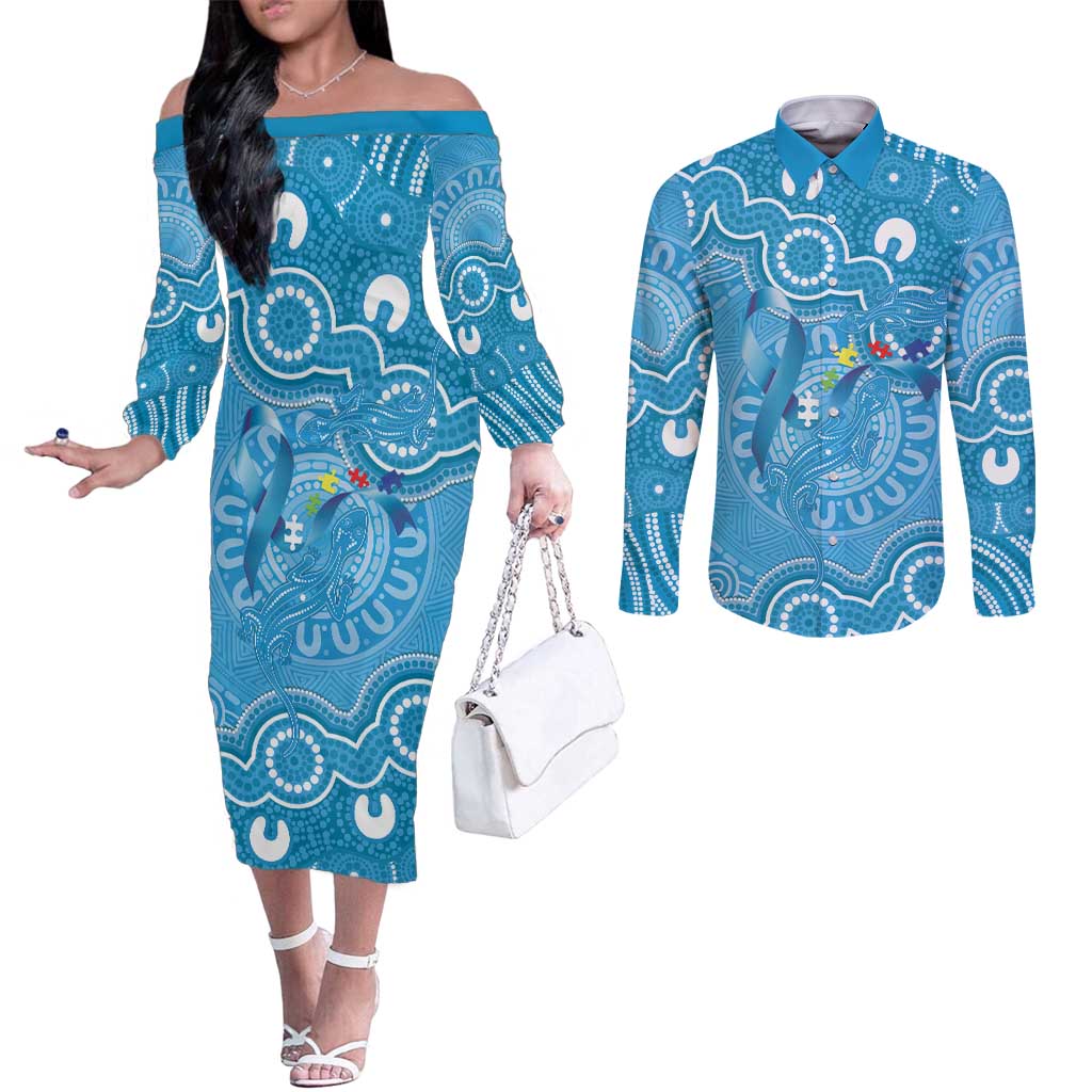 Australia Indigenous Couples Matching Off The Shoulder Long Sleeve Dress and Long Sleeve Button Shirt Blue Ribbon Lizards Autism Awareness - Aussie Hoodie