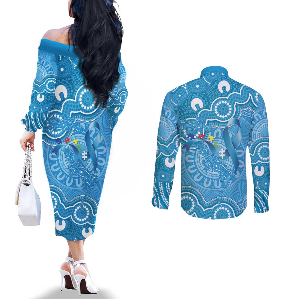 Australia Indigenous Couples Matching Off The Shoulder Long Sleeve Dress and Long Sleeve Button Shirt Blue Ribbon Lizards Autism Awareness - Aussie Hoodie