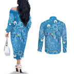 Australia Indigenous Couples Matching Off The Shoulder Long Sleeve Dress and Long Sleeve Button Shirt Blue Ribbon Lizards Autism Awareness - Aussie Hoodie
