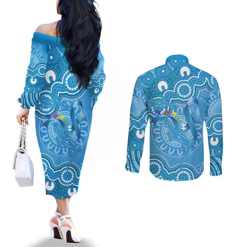 Australia Indigenous Couples Matching Off The Shoulder Long Sleeve Dress and Long Sleeve Button Shirt Blue Ribbon Lizards Autism Awareness - Aussie Hoodie