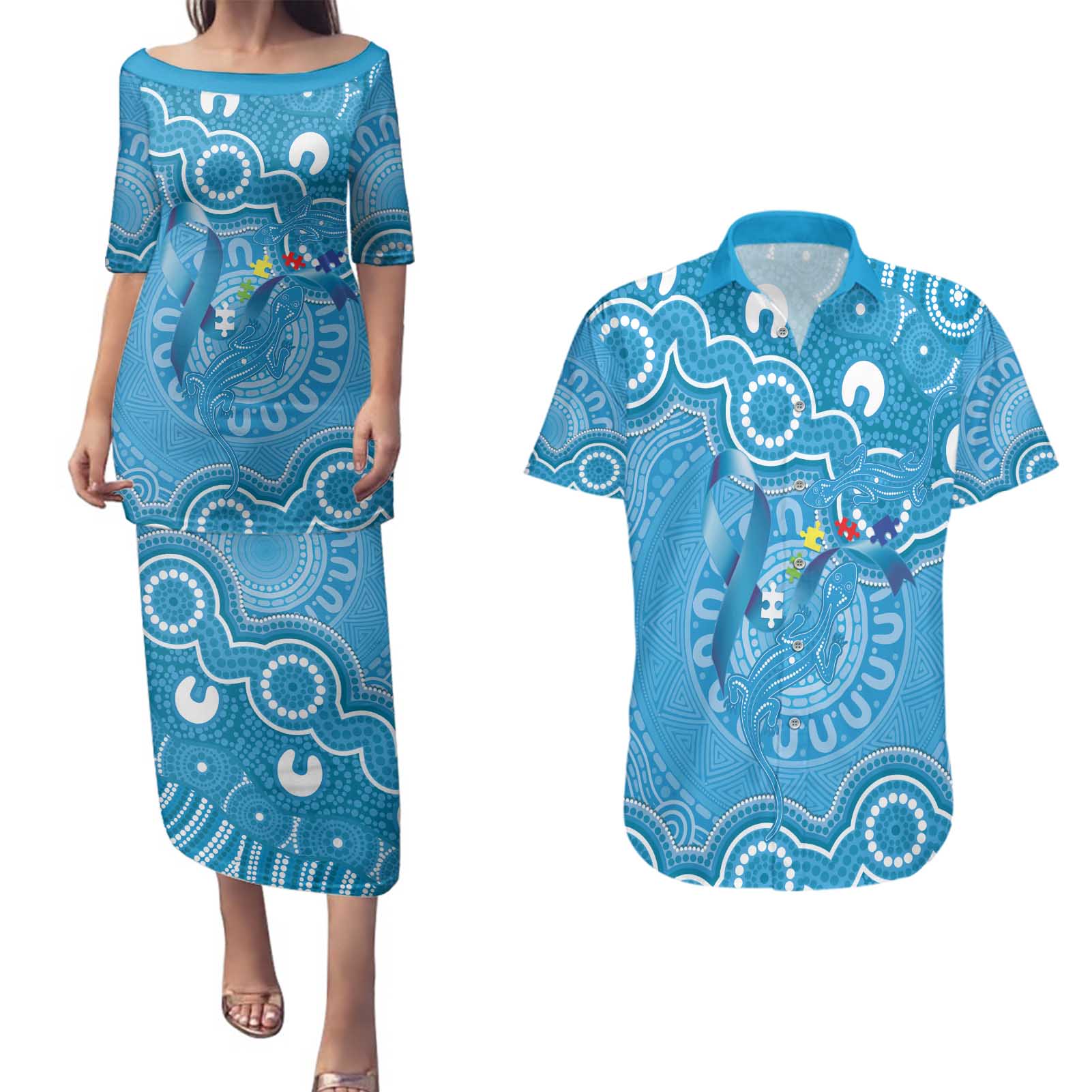 Australia Indigenous Couples Matching Puletasi and Hawaiian Shirt Blue Ribbon Lizards Autism Awareness - Aussie Hoodie