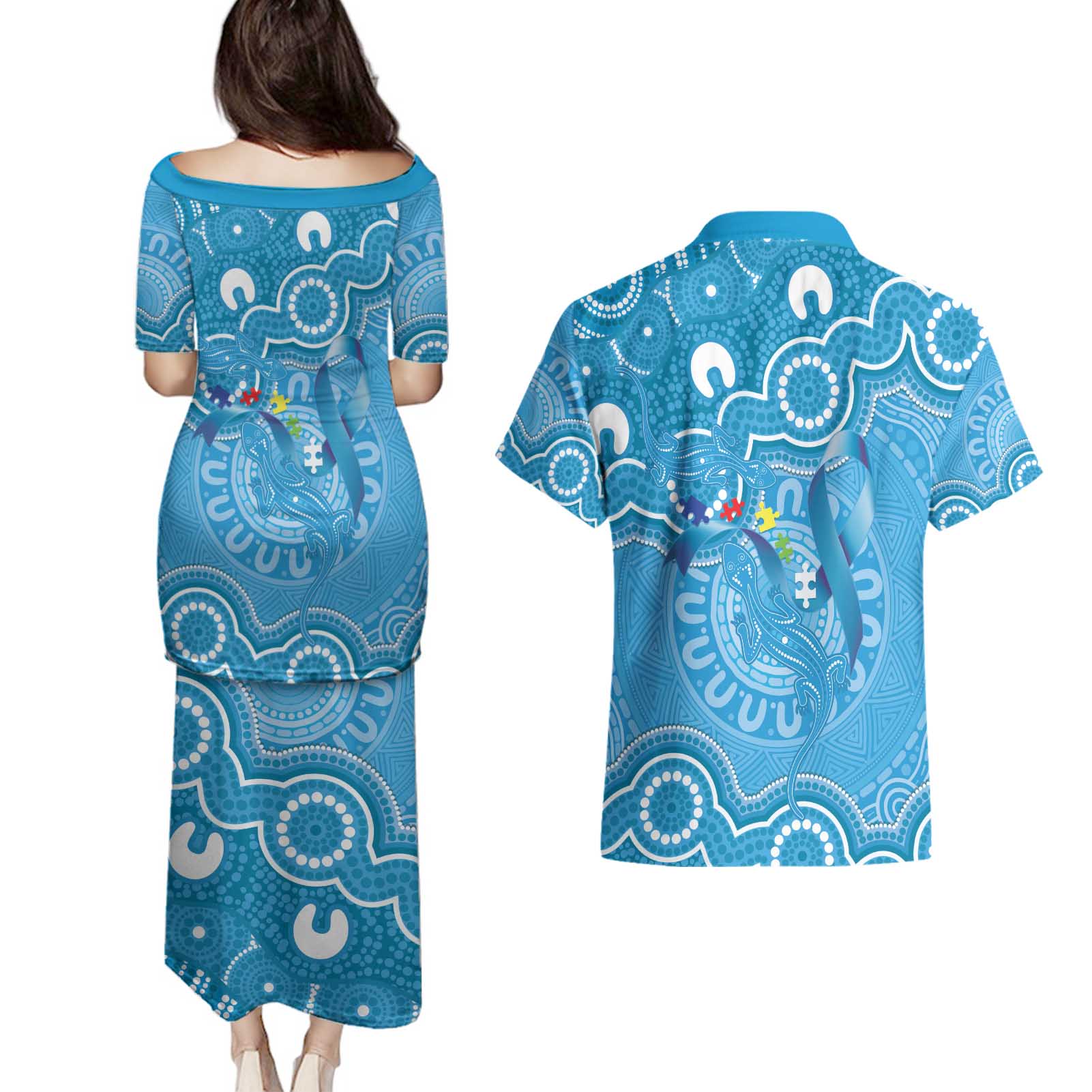 Australia Indigenous Couples Matching Puletasi and Hawaiian Shirt Blue Ribbon Lizards Autism Awareness - Aussie Hoodie