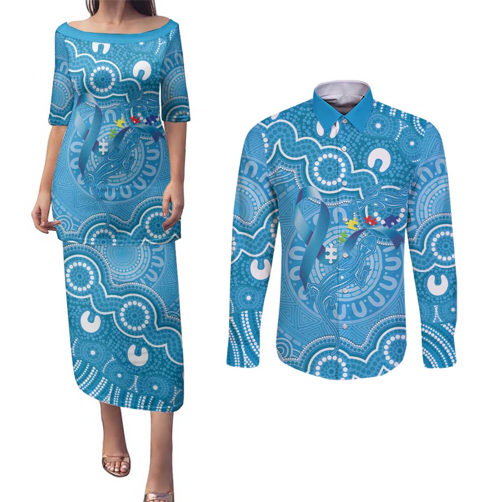 Australia Indigenous Couples Matching Puletasi and Long Sleeve Button Shirt Blue Ribbon Lizards Autism Awareness - Aussie Hoodie
