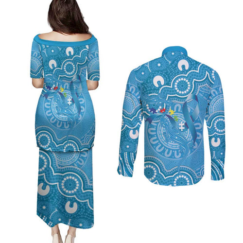 Australia Indigenous Couples Matching Puletasi and Long Sleeve Button Shirt Blue Ribbon Lizards Autism Awareness - Aussie Hoodie