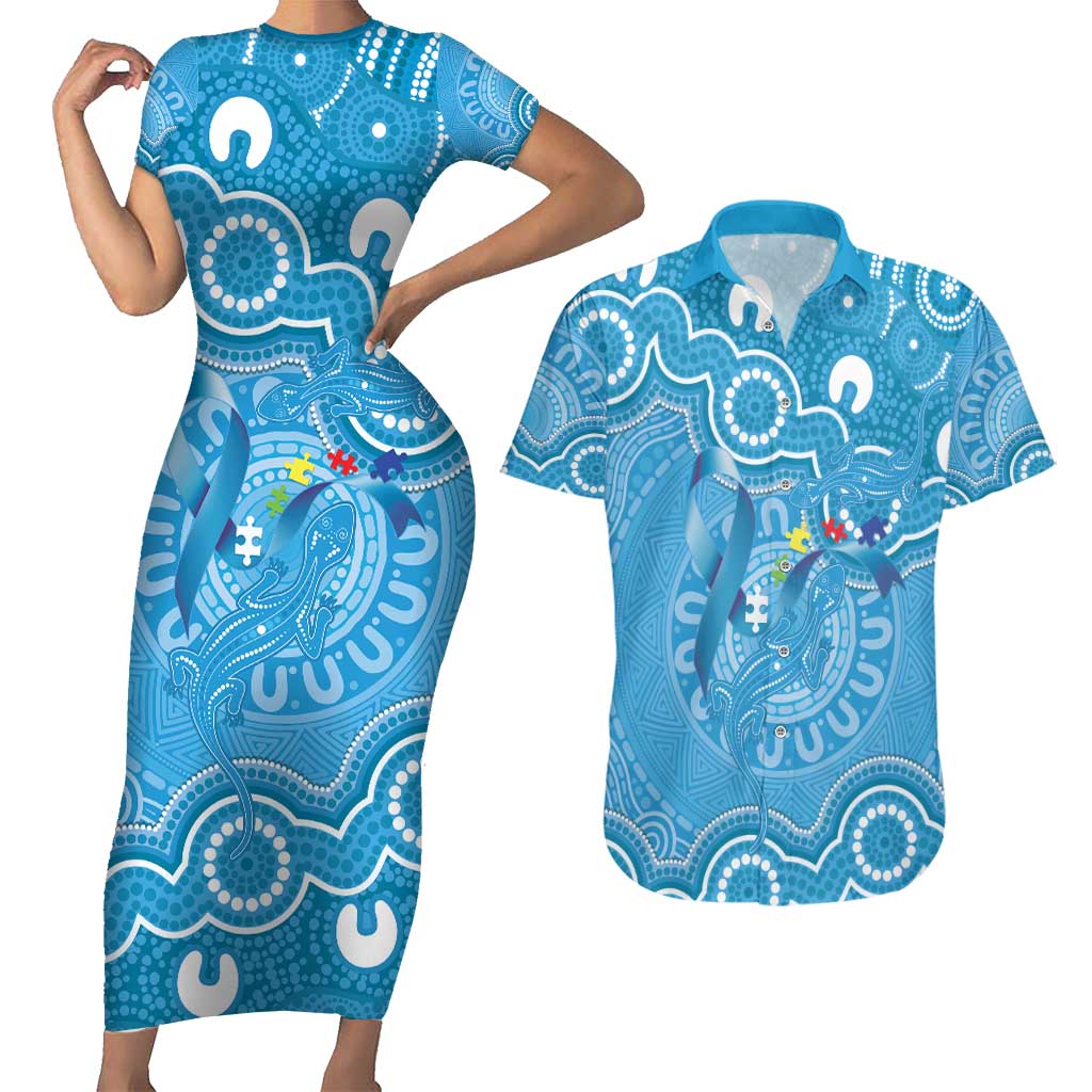 Australia Indigenous Couples Matching Short Sleeve Bodycon Dress and Hawaiian Shirt Blue Ribbon Lizards Autism Awareness - Aussie Hoodie
