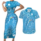 Australia Indigenous Couples Matching Short Sleeve Bodycon Dress and Hawaiian Shirt Blue Ribbon Lizards Autism Awareness - Aussie Hoodie