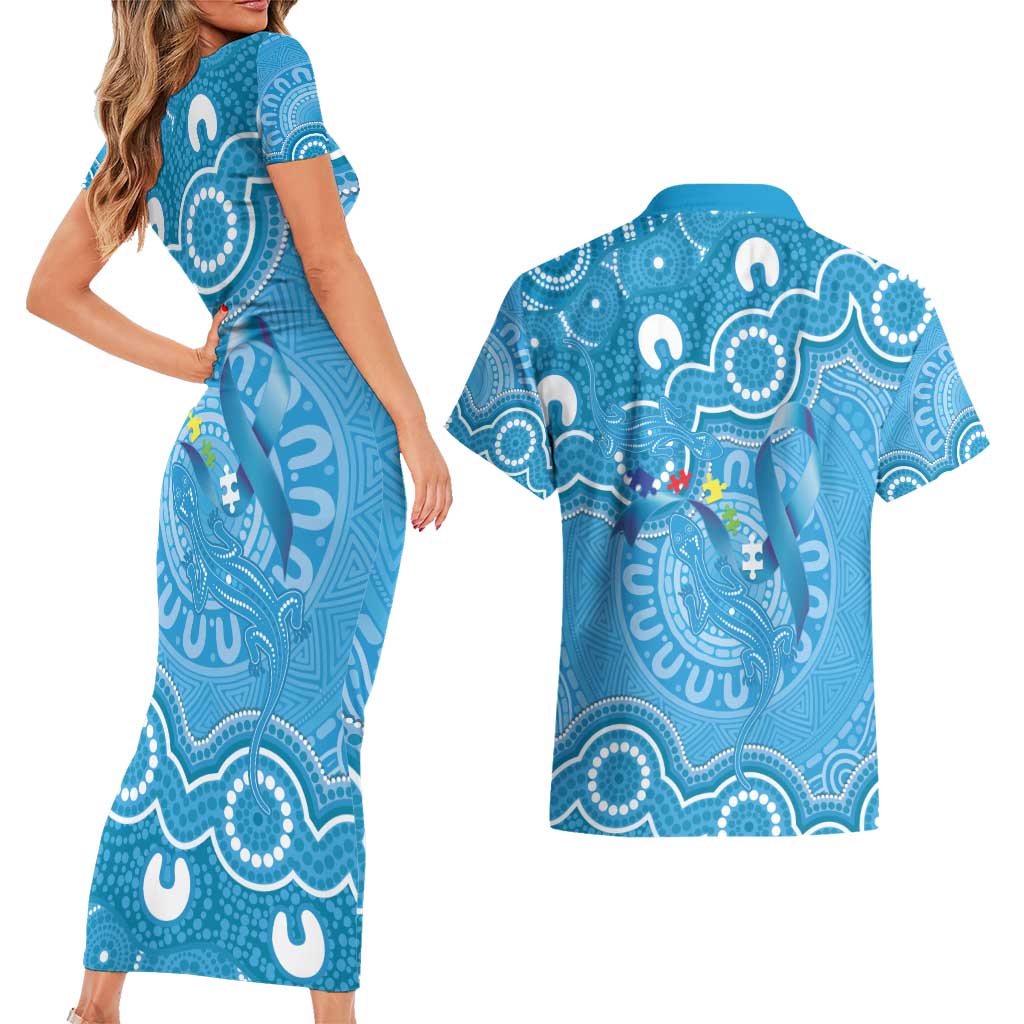 Australia Indigenous Couples Matching Short Sleeve Bodycon Dress and Hawaiian Shirt Blue Ribbon Lizards Autism Awareness - Aussie Hoodie