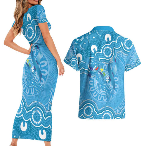 Australia Indigenous Couples Matching Short Sleeve Bodycon Dress and Hawaiian Shirt Blue Ribbon Lizards Autism Awareness - Aussie Hoodie