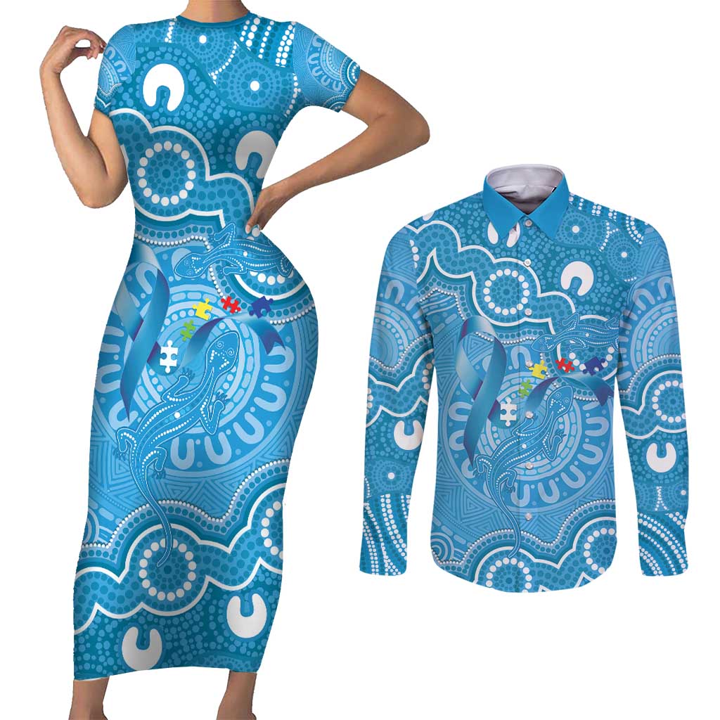 Australia Indigenous Couples Matching Short Sleeve Bodycon Dress and Long Sleeve Button Shirt Blue Ribbon Lizards Autism Awareness - Aussie Hoodie