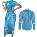 Australia Indigenous Couples Matching Short Sleeve Bodycon Dress and Long Sleeve Button Shirt Blue Ribbon Lizards Autism Awareness - Aussie Hoodie