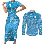 Australia Indigenous Couples Matching Short Sleeve Bodycon Dress and Long Sleeve Button Shirt Blue Ribbon Lizards Autism Awareness - Aussie Hoodie