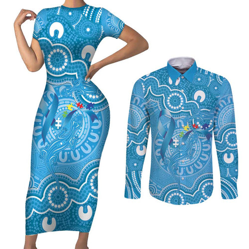 Australia Indigenous Couples Matching Short Sleeve Bodycon Dress and Long Sleeve Button Shirt Blue Ribbon Lizards Autism Awareness - Aussie Hoodie