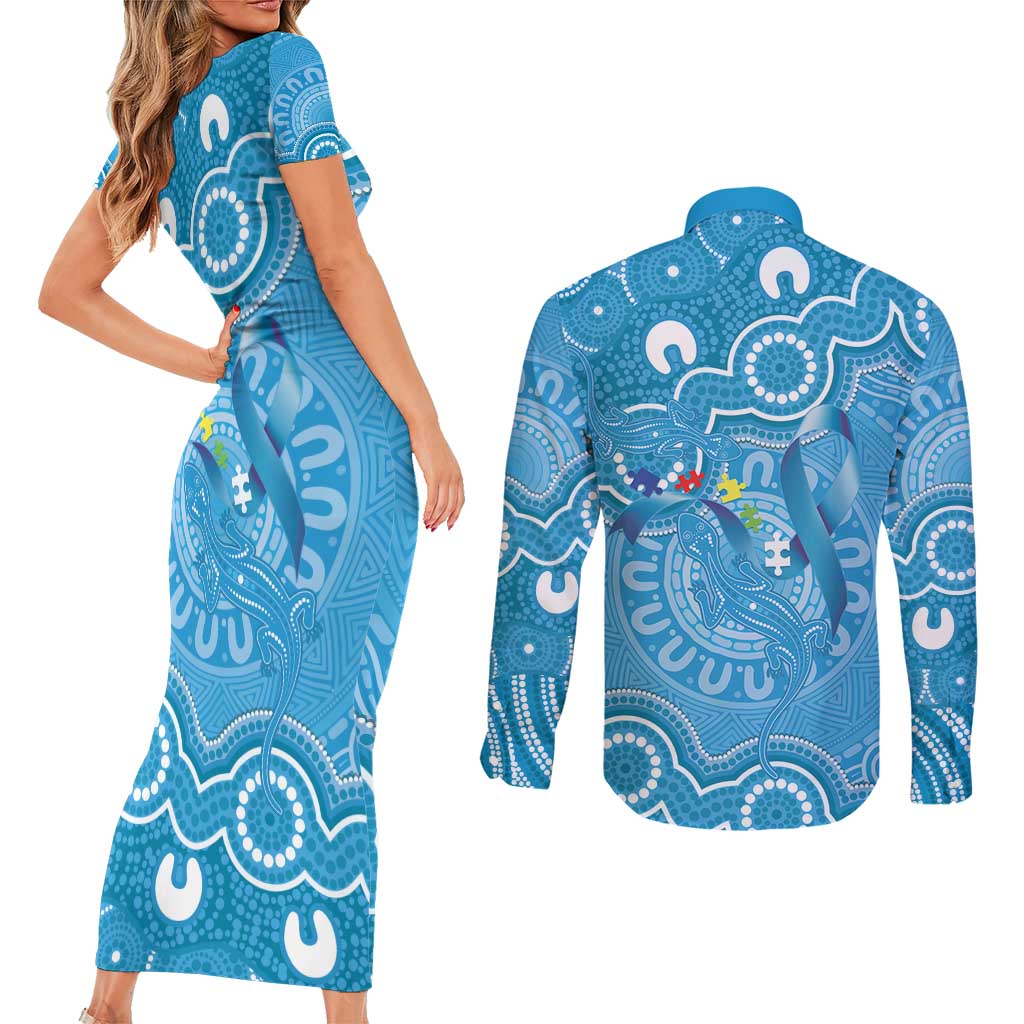 Australia Indigenous Couples Matching Short Sleeve Bodycon Dress and Long Sleeve Button Shirt Blue Ribbon Lizards Autism Awareness - Aussie Hoodie