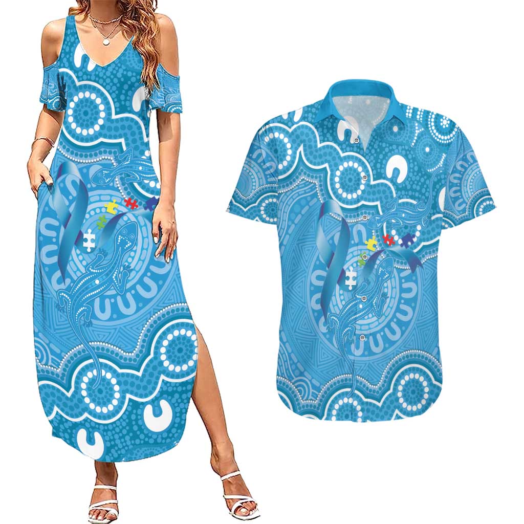 Australia Indigenous Couples Matching Summer Maxi Dress and Hawaiian Shirt Blue Ribbon Lizards Autism Awareness - Aussie Hoodie