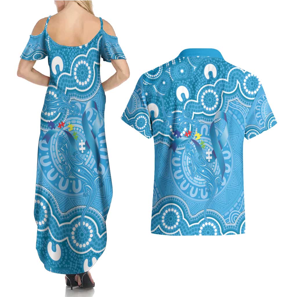 Australia Indigenous Couples Matching Summer Maxi Dress and Hawaiian Shirt Blue Ribbon Lizards Autism Awareness - Aussie Hoodie