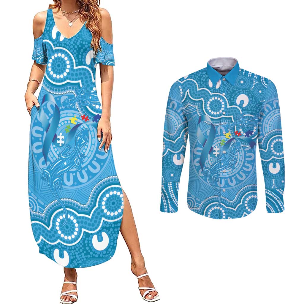Australia Indigenous Couples Matching Summer Maxi Dress and Long Sleeve Button Shirt Blue Ribbon Lizards Autism Awareness - Aussie Hoodie
